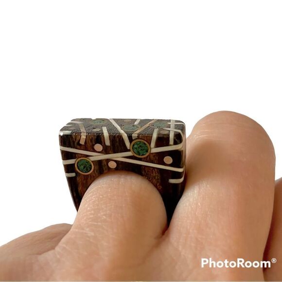 One of a Kind Hand crafted Wood Ring, Green/White Inlays - Picture 8 of 8